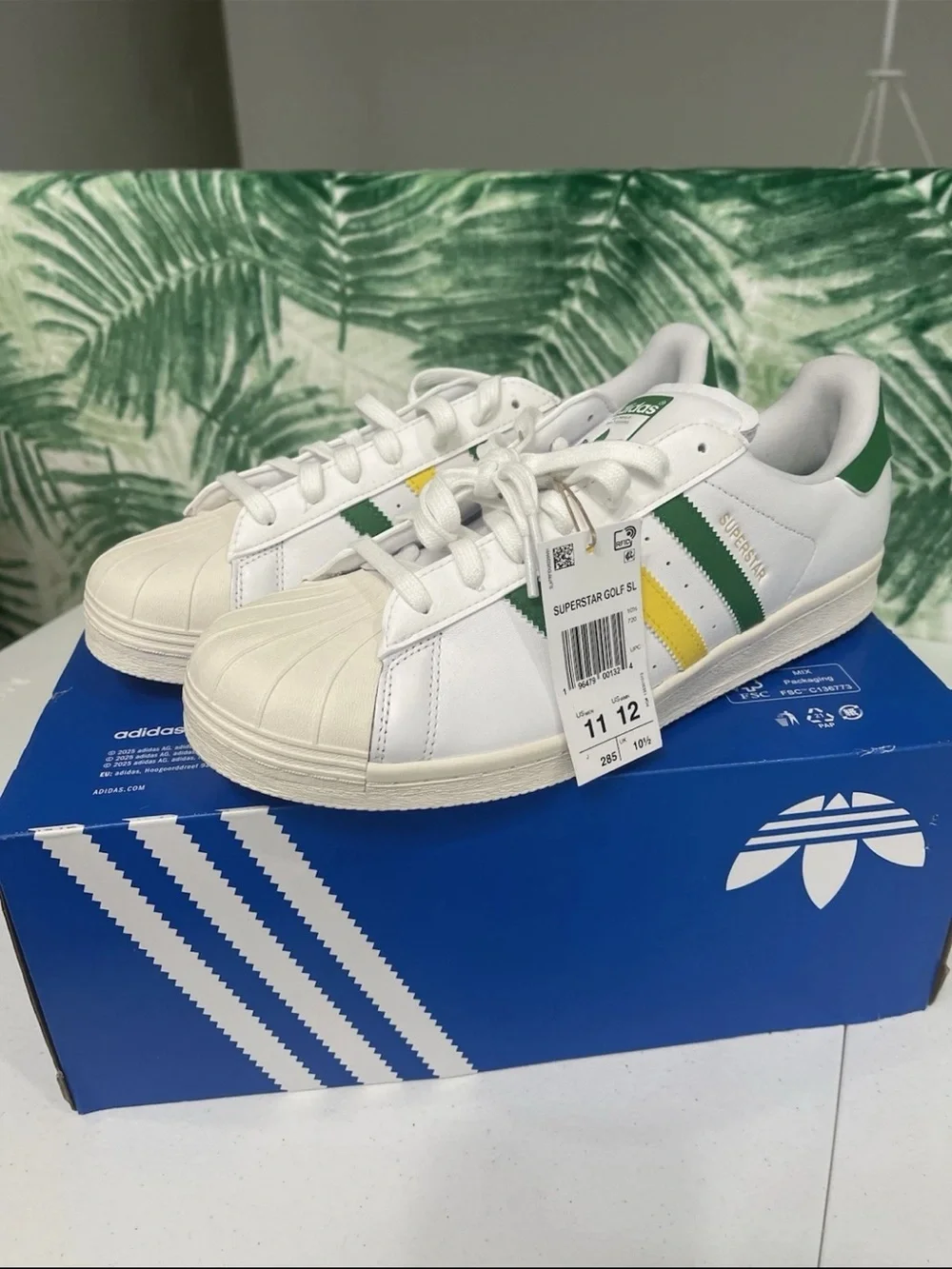 adidas superstar golf shoes White Sneakers with Green & Yellow Stripes
